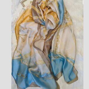 Gorgeous Silk Like Scarf Blue and Cream with Yellow Wrap